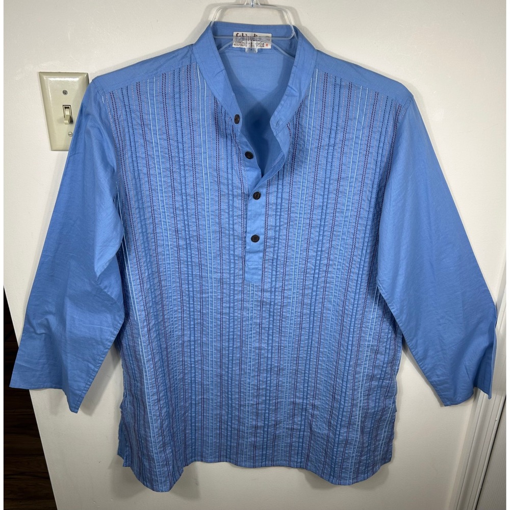 Fabindia Kurta Tunic Shirt Mens 36 Blue Embroidered Mandarin Collar Grandad BOHO